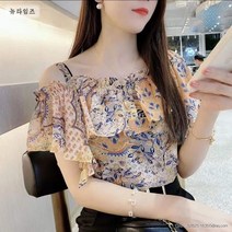 여성 프릴블라우스 반팔 루즈핏 꽃무늬 붉은 그물 꽃 슬링 쉬폰 쇄골 셔츠 감각 단어 잎 끈