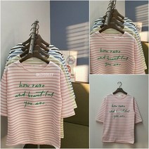 영앤클래시 봄 여름 줄무늬 7부 티셔츠 레터링 티셔츠 올리졸리3MT37