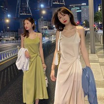 브이넥원피스 정장 재킷 서스펜더 드레스 소재좋은 여름 슬림 해변 휴가 아세테이트 새틴 하이 엔드 롱 스커트와 첩