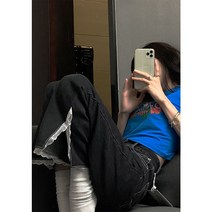 레이스 블랙 청바지 여성 달콤한 멋진 소녀 스타일 여름 레트로 느슨한 분할 디자인 감각 틈새 스트레이트 바지