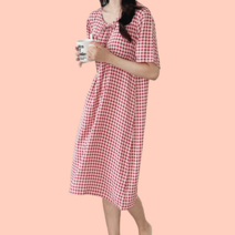 피서지 비치 휴가 반팔 미디 원피스 체크무늬 편한 체형커버