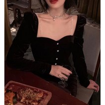 (무배)캐비어 쥬얼리 어깨끈 보석 벨벳 스퀘어넥 오프숄더 트임 미디 원피스