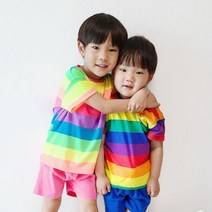 온더키즈 화사한 아동 무지개 유아 형광 티셔츠 남아 여아 레인보우 반팔티 주니어 등원룩 자매 남매룩