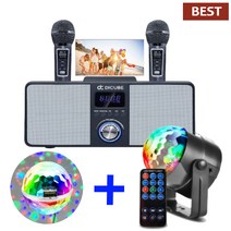 블루투스 스피커 듀얼 마이크 노래방 기기 가정용 휴대용 캠핑용 노래방 기계 K3000+LED 미러볼+파티 라이트, 블루투스 노래방 마이크 K-3000