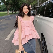 핑크 체크 캉캉 민소매 나시 프릴 코튼 블라우스 A라인 러플 보세 샤랄라 하늘하늘 SY