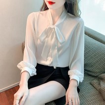 봄 리본 기질 하늘하늘 블라우스 셔츠 화이트 기질 상의 긴팔녀