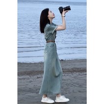 여성용 데님 원피스 빈티지 반팔 청바지 드레스 하이엔드 허리띠 미디 튜닉 스트리트웨어 가을 여름