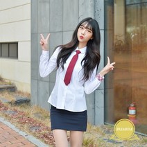 교복몰 프리미엄 둥근카라 빨강체크 스판 여성 화이트 셔츠