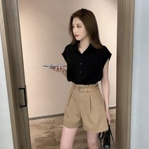 모던 시크 카라 블라우스 하이웨이스트 숏팬츠 세트 GGQS56D52