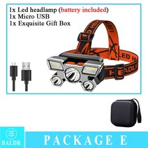 KDULIT 5 LED 내장 18650 헤드램프 USB 충전식 휴대용 손전등 랜턴 아웃도어 캠핑 헤드라이트 플래시라이트 전조등, 하얀