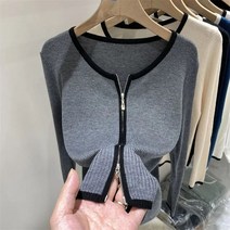 JUSTFEELING 여성 배색 더블 집업 니트 가디건 브이넥 아우터 스웨터 빅사이즈