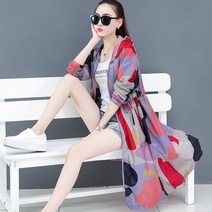 토파즈 JK1728 여자 여름 봄 가을 긴팔 자외선 차단 경량 패턴 프린트 아웃도어 후드 미디 롱 바람막이 빅사이즈 아우터 집업 자켓