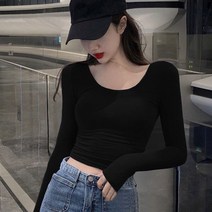 데이룸 여성 기본 면 크롭 유넥 긴팔 티셔츠
