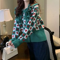 저스트메리드 그린 블럭 체크 하트 무늬 빅카라 캐주얼 여성 니트 가디건 C30