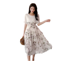 잔꽃 풀오버 드레스 라운드넥 플라워 미디원피스 화이트윗도리 밴딩벨트 스커트 안감있는 플라워날염 미디치마 꽃무늬 원피스 페이크 레이어링 원피스 봄여름 여성 슬림 잔플라워 쉬폰 원피스