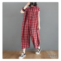 티피/Teepie 여성 9부 와이드 캐주얼 체크 와이드 점프슈트