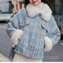 티피/Teepie 체크 가후 여성 코트윈터 칼라 기모 쇼트 루즈핏 코트