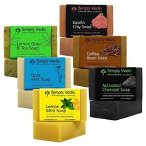 Simply Vedic 몸 손 얼굴을 위한 6팩 비누 바 컬렉션 님 홀리 바질 레몬 민트 강황 숯 모듬2개 | 남성 및 여성용 콜드 프레스 핸드메이드 99.2g X 6 USA 미국, Refreshing Combo 1, 3.5 Ounce X 6 Pack