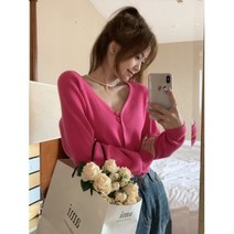 퐁순싸롱 브이넥 크롭 숏 무지 봄 간절기 니트 가디건 SY