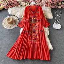 여성 자수 롱원피스 보헤미안 드레스 루즈핏 브이넥 코튼 플라워 4컬러