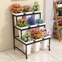 이동식 꽃화분 거치대 꽃집 진열대 생화 선반 튼튼, 라지3단90롱블랙선반화이트통9개포함개