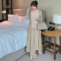 에이무드 3종 세트 빅사이즈 가디건 + 셔링 끈나시 + 롱치마