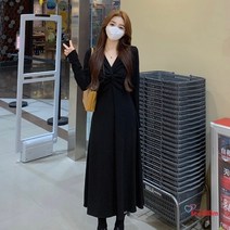 리앤킴 여성 브이넥 빅사이즈 봄 블랙 롱 원피스 GH867