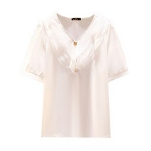 여성용 블라우스 여름 빅사이즈 상의 대형 반팔 루즈한 화이트 디자이너 프릴 셔츠 3XL 4XL 5XL 6XL 7XL