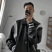 남자 가죽 바시티자켓 루즈핏 배색 야구 점퍼 스타디움 자켓 PU 가죽