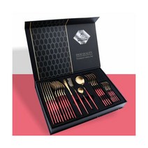 골드 식기 세트 스테인레스 스틸 나이프 포크 스푼 칼 주방 식기류 세척기 사용 가능 24 피스, Red Gold-24PCS