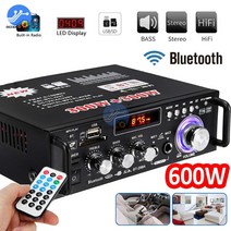 600W 블루투스 앰프 300W + 300W 2CH HIFI 오디오 스테레오 파워 앰프 USB FM 라디오 자동차 홈 시어터 원격 제어, EU Plug