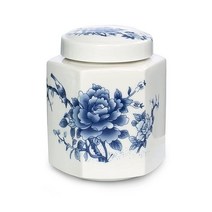 Dahlia 루즈 티용 블루 앤 화이트 티 캐니스터 밀폐 스크류 온 뚜껑 도자기 캐디 피오니 육각형 460ml 506708, Peony, 460 ML