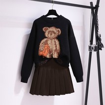 겨울골프스커트 테니스 주름 플리츠 빅사이즈 스커트 순수 두꺼운 곰 스웨터 느슨한 라운드 넥 니트 탑 모든 경기 커피 컬러