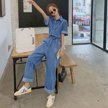 셀럽당 얇은 데님 카고 점프슈트 여여름 와이드 캐주얼 일자 점프슈트