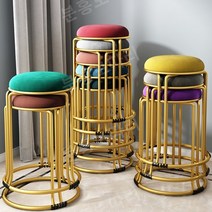 메탈 스툴 화장대의자 골드 실버 벨벳 쿠션좋은 원형 의자, 골드 / 플란넬 - 로즈레드