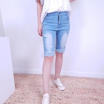 어썸메이드 여성용 헤짐 구제 스판 5부 카브라 청반바지
