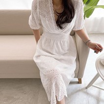 네모샵 펀칭레이스 브이넥 퍼프 반소매 원피스