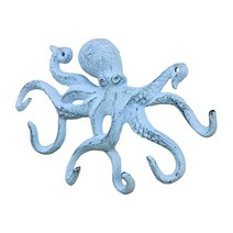 소박한 진한 파란색 회칠한 주철 문어 후크 11인치 - 장식 후크 - Sealife 금속 벽 후크