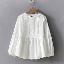 마이네임이즈 파운더스 블라우스 모리 걸 캐주얼 셔츠 U185 여성용 단색 흰색 긴 소매 코튼 자수 상의 봄 여름