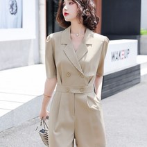 위위브렌 반팔 퍼프 소매 카라 포켓 버튼 직업 정장 점프수트
