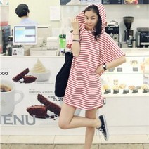 여성 후드 반팔 스트라이프 미니 원피스