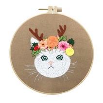 크로스 스티치 고양이 자수 스타터 키트 성인을위한 DIY 자수 후프 기본 패브릭 아트 수동 공예 바느질 홈 장식, 20cmx22cm, 옷감, 스타일 D