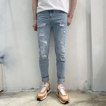 라운지21 남자 전체 데미지 슬림 스판 9부 청바지