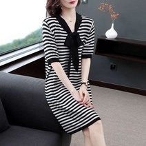 패션고리 여름 여성 브이넥 리본 줄무늬 반팔 원피스 Q519