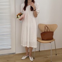 맨드리 주름 라운드넥 퍼프 반팔 롱 원피스