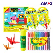 신학기 문구세트 4종_파스넷 색연필 12색 + 양면 색종이 20색 200매 + 소프트핸들가위 + 딱풀 15g