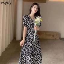 vsyoy 프랑스 복고풍 꽃 무늬 드레스 2022 여름 새로운 디자인 허리 슬림 V 넥 4 잎 클로버 드레스