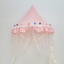 북유럽 공주 아이방 꾸미기 어린이 여아 캐노피 침대 커튼 지붕+지지대+커튼 세트, 핑크