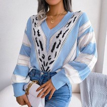 퍼프 소매 니트 스웨터 가을 레오파드 심플