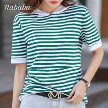 나바바 NT605 여성 캐주얼 스트라이프 후드 반팔 티셔츠